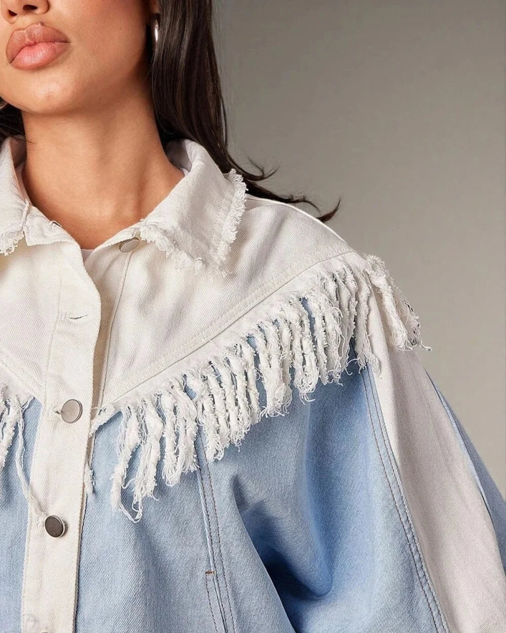 Fiona Women's Denim Jacket | Loose Fit, Patchwork & Tassels 4