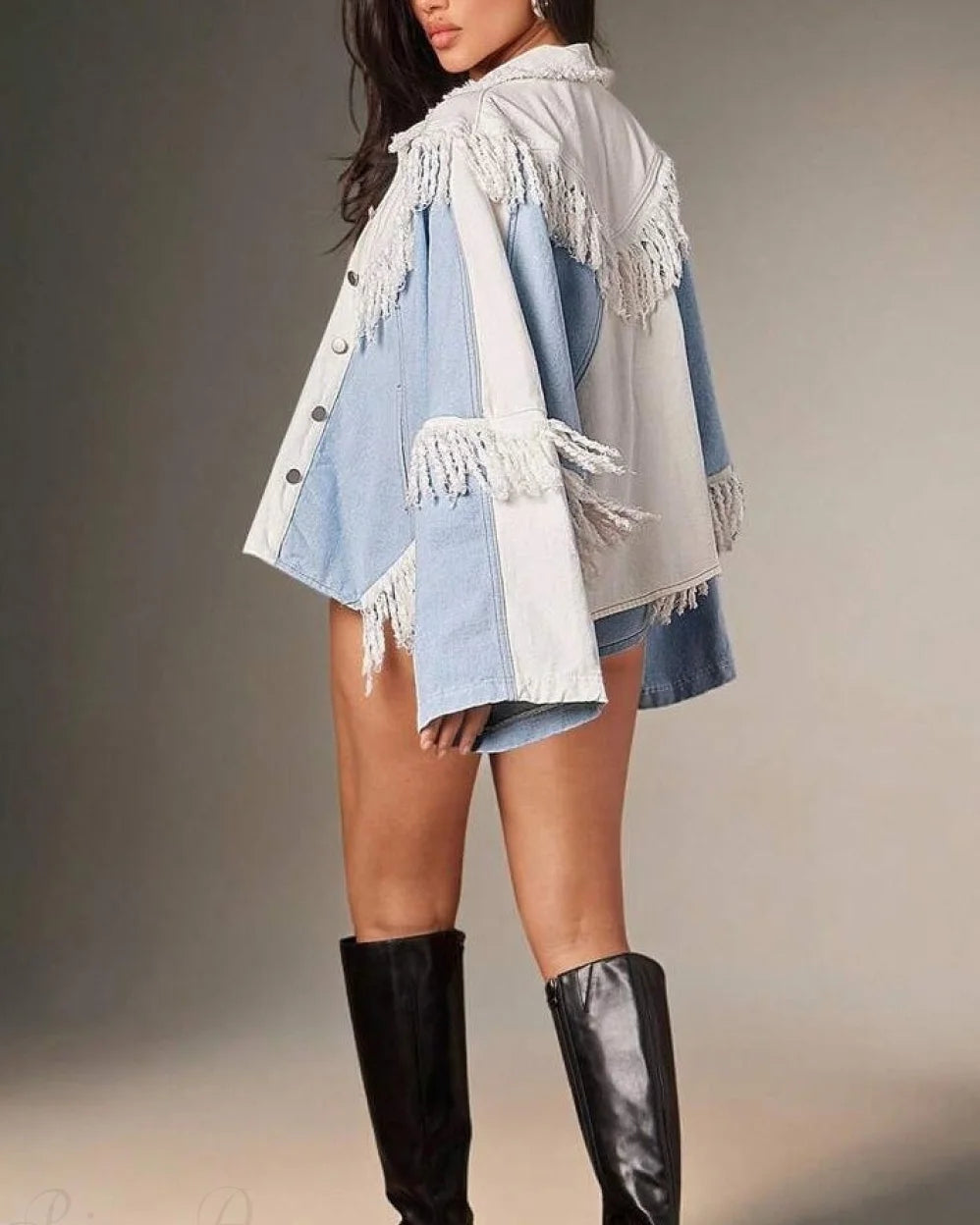 Fiona Women's Denim Jacket | Loose Fit, Patchwork & Tassels 5