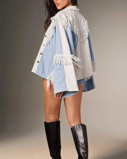 Fiona Women's Denim Jacket | Loose Fit, Patchwork & Tassels 5