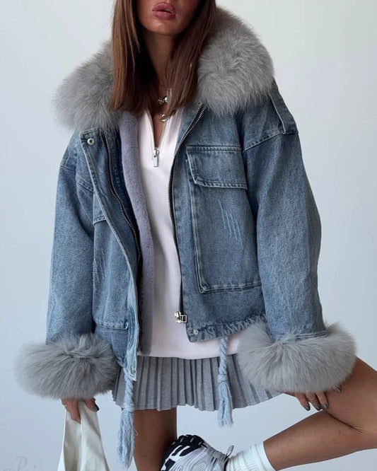 Fuzzy Denim Jacket for Women | Loose Fit with Large Pockets 1