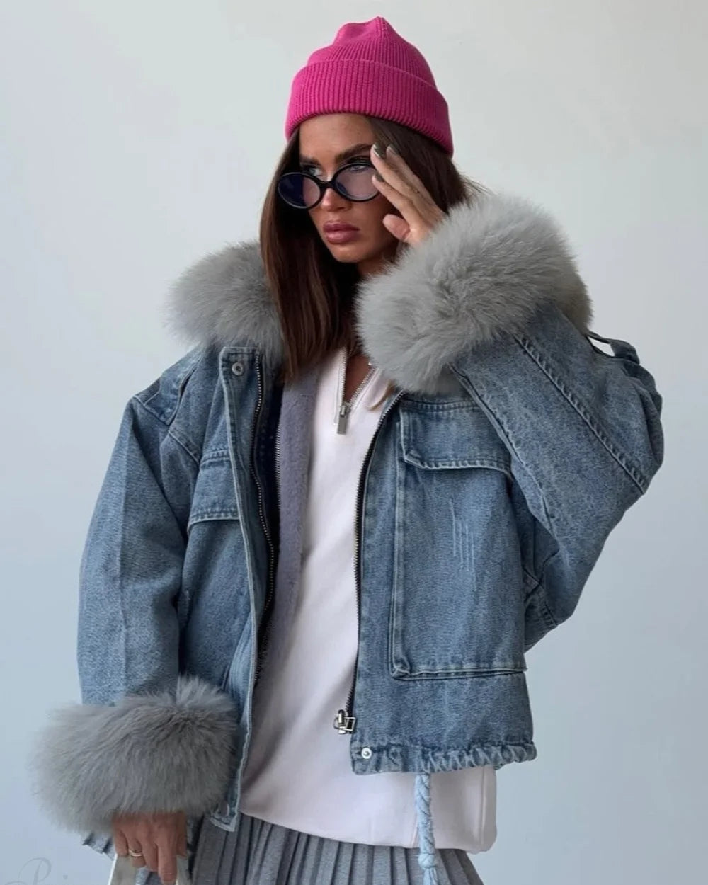 Fuzzy Denim Jacket for Women | Loose Fit with Large Pockets 2