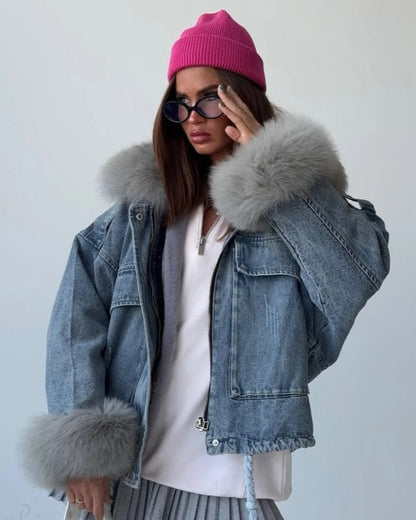 Fuzzy Denim Jacket for Women | Loose Fit with Large Pockets 2