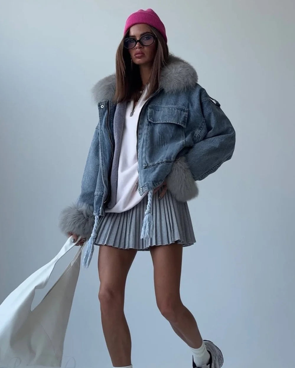 Fuzzy Denim Jacket for Women | Loose Fit with Large Pockets 3