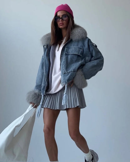 Fuzzy Denim Jacket for Women | Loose Fit with Large Pockets 3