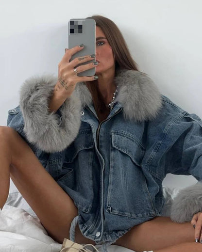 Fuzzy Denim Jacket for Women | Loose Fit with Large Pockets 4