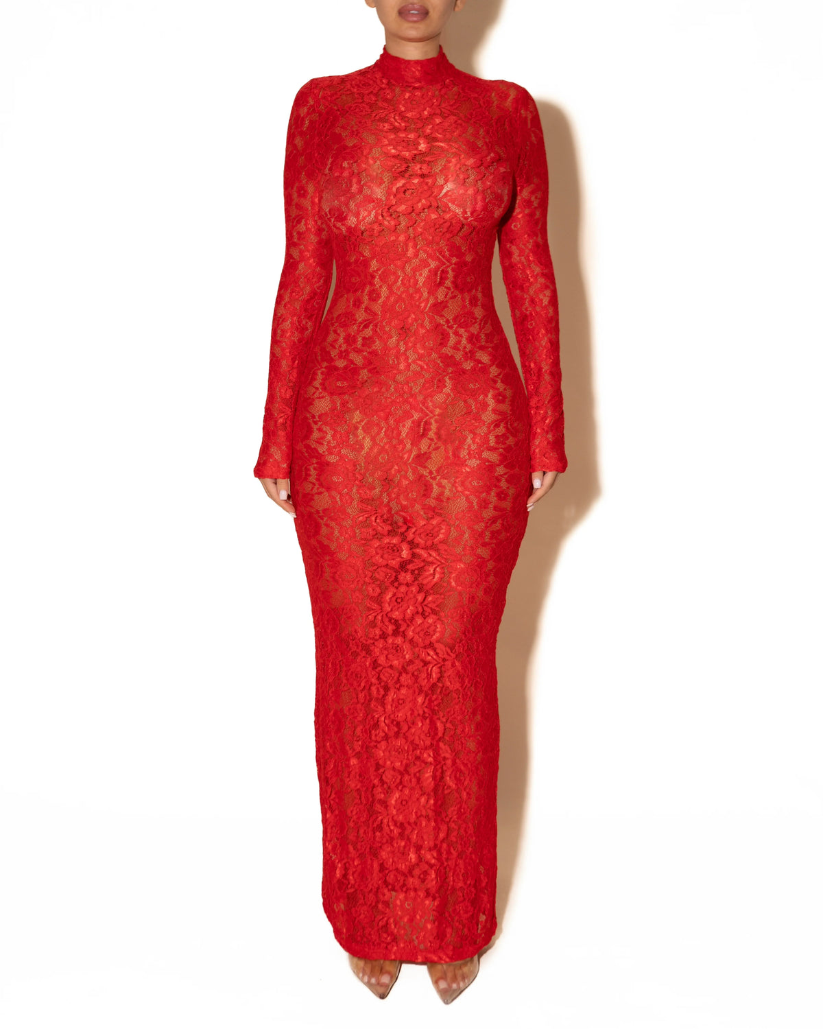 Women's Sheer Floral Lace High-Neck Maxi Dress – Product view | Hensley London