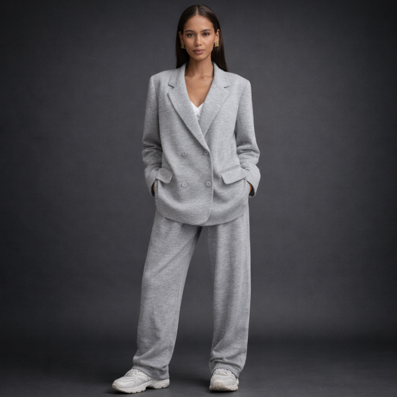 Women's Blazer & Trouser Set in Light Gray – front view | Hensley London