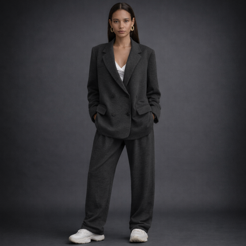 Women's Blazer & Trouser Set in Dark Gray – detail view | Hensley London