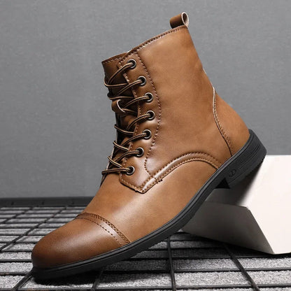 Men's Leather Cap-Toe Lace-Up Ankle Boots in Tan – front view | Hensley London