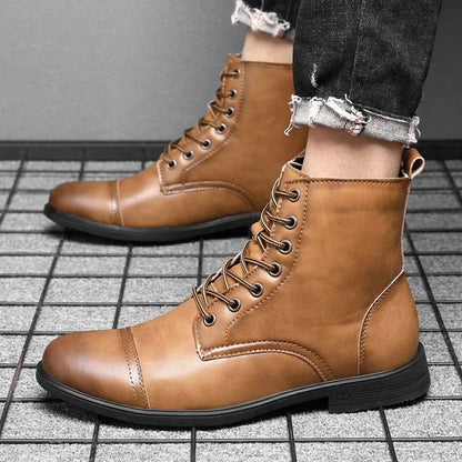 Men's Leather Cap-Toe Lace-Up Ankle Boots in Tan – side view | Hensley London