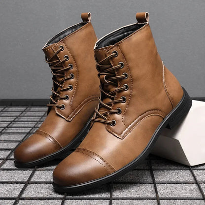 Men's Leather Cap-Toe Lace-Up Ankle Boots in Tan – detail view | Hensley London