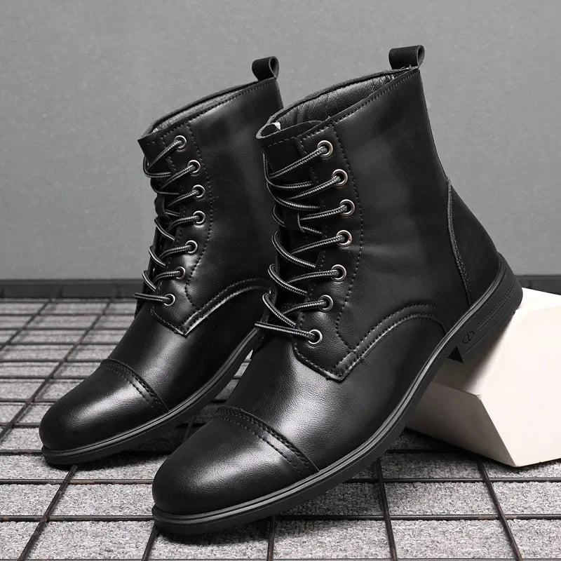Men's Leather Cap-Toe Lace-Up Ankle Boots in Black – front view | Hensley London