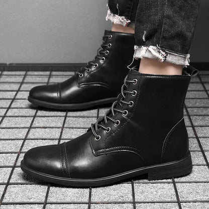 Men's Leather Cap-Toe Lace-Up Ankle Boots in Black – side view | Hensley London