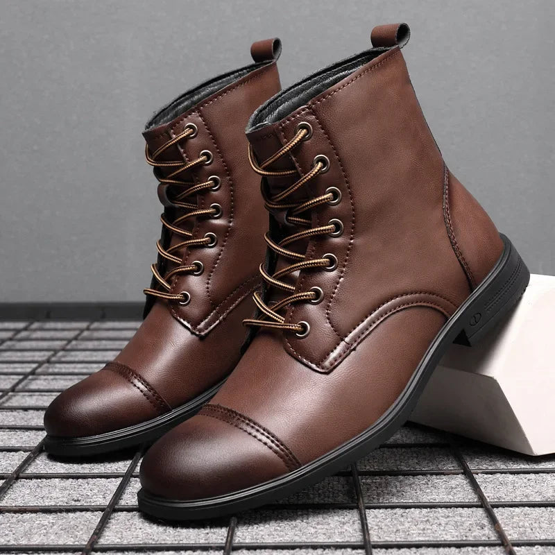 Men's Leather Cap-Toe Lace-Up Ankle Boots in Brown – front view | Hensley London