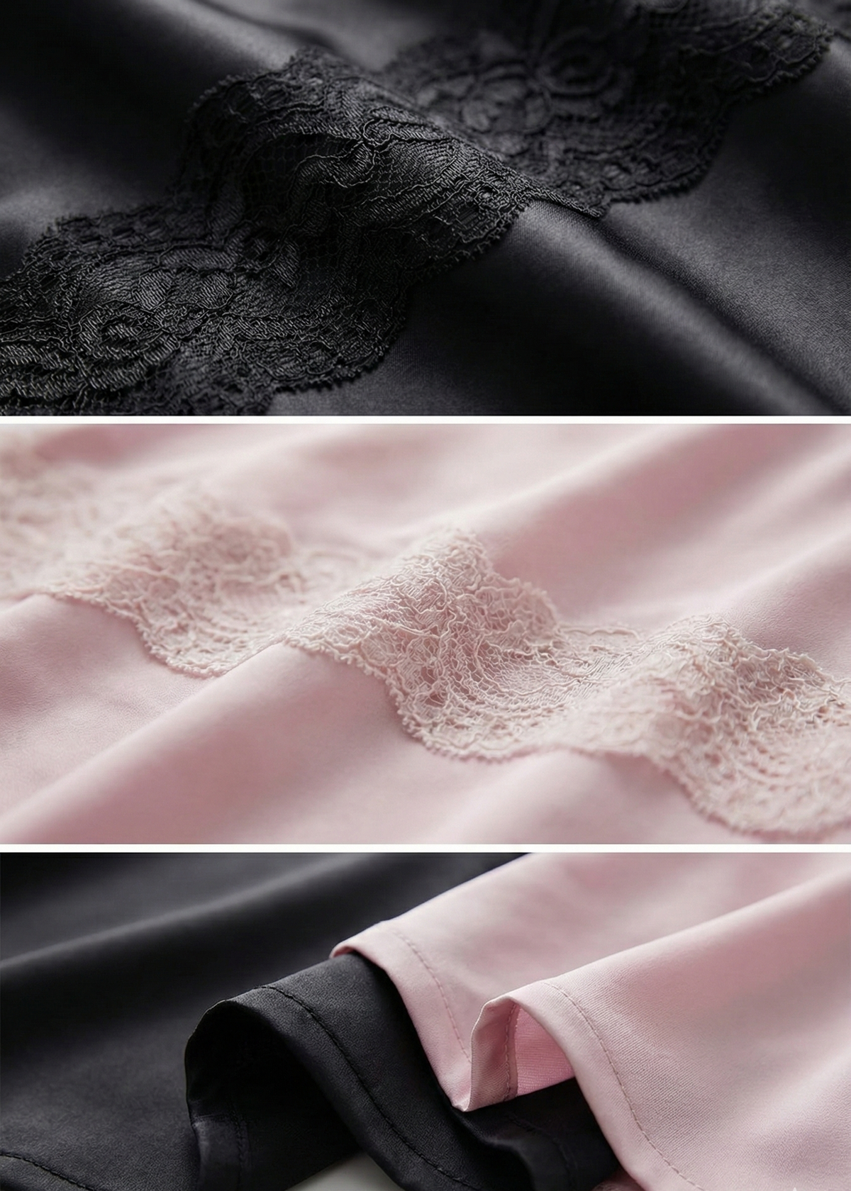 Women's Lace Trim Cami Nightdress in Black and Pink – Lace fabric detail collage | Hensley London