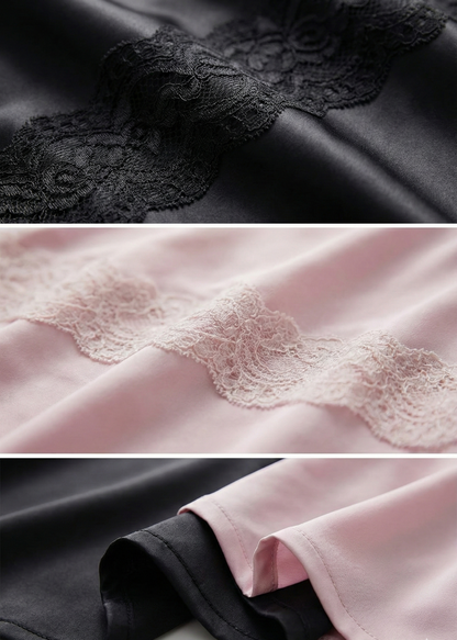 Women's Lace Trim Cami Nightdress in Black and Pink – Lace fabric detail collage | Hensley London