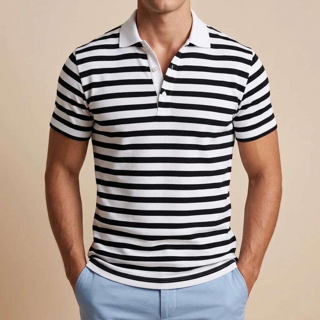 Men's Striped Regular-Fit Polo Shirt in Black – product view | Hensley London