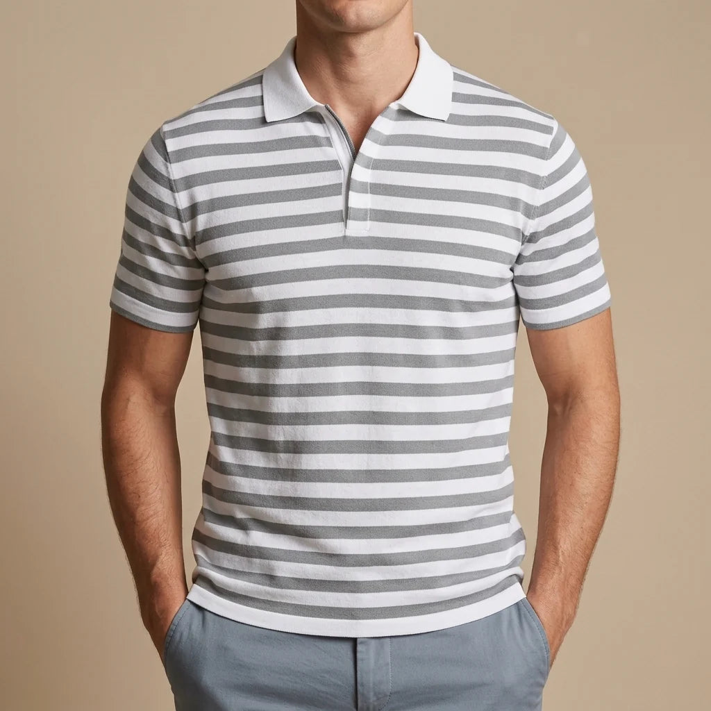 Men's Striped Regular-Fit Polo Shirt in Light Gray – product view | Hensley London