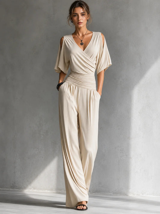 Women's Wrap-Front Wide-Leg Jumpsuit in Beige – Product view | Hensley London
