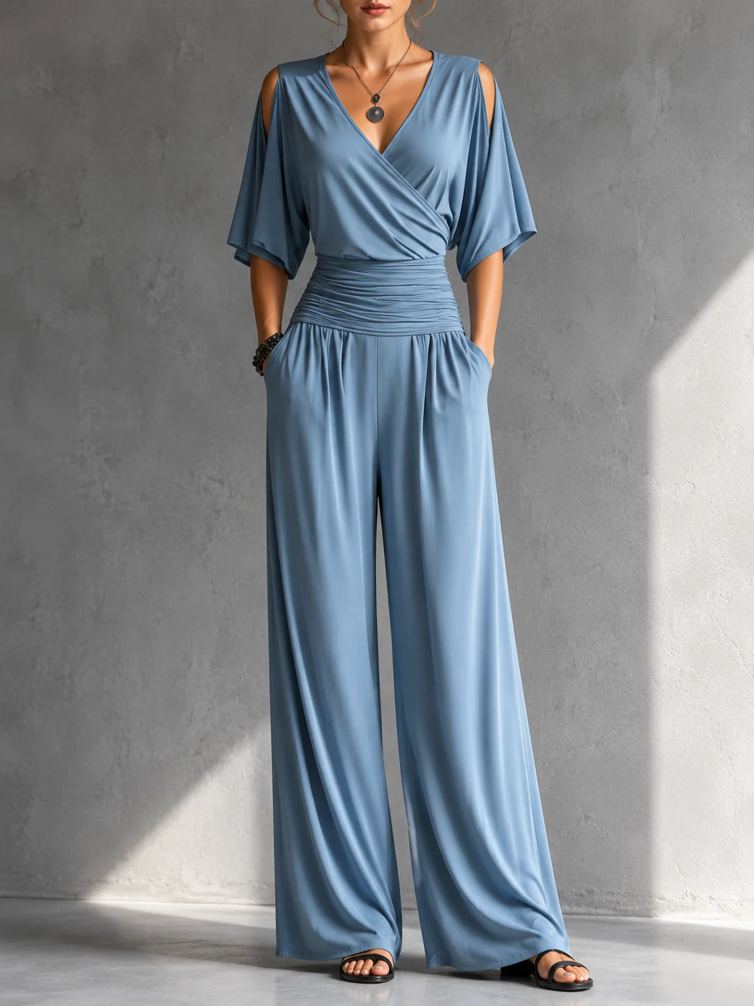 Women's Wrap-Front Wide-Leg Jumpsuit in Blue – Product view | Hensley London