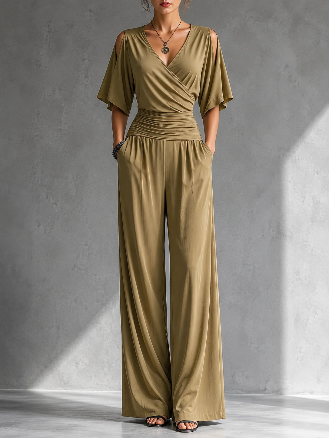 Women's Wrap-Front Wide-Leg Jumpsuit in Khaki – Product view | Hensley London