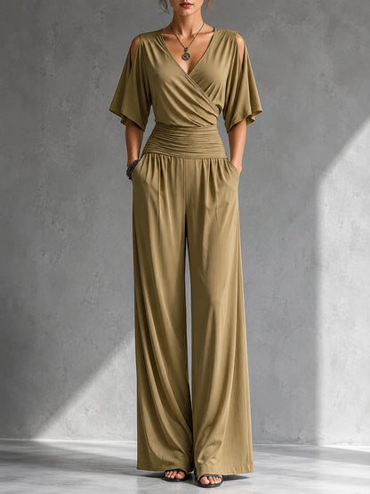 Women's Wrap-Front Wide-Leg Jumpsuit in Khaki – Product view | Hensley London