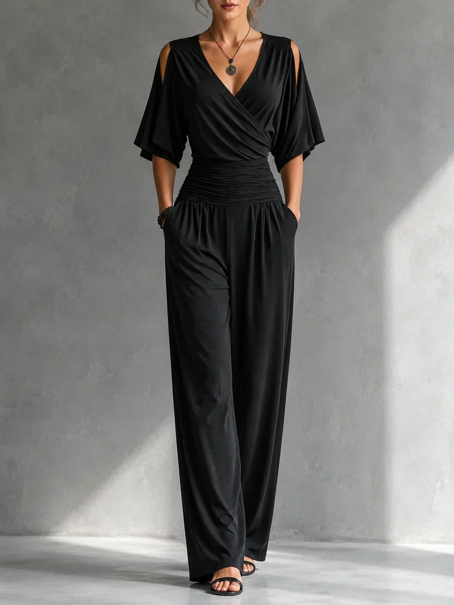 Women's Wrap-Front Wide-Leg Jumpsuit in Black – Product view | Hensley London