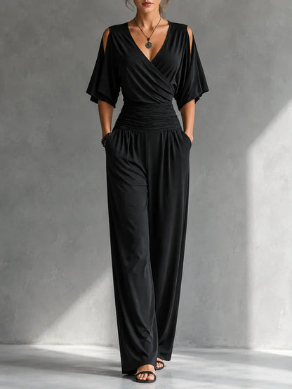 Women's Wrap-Front Wide-Leg Jumpsuit in Black – Product view | Hensley London