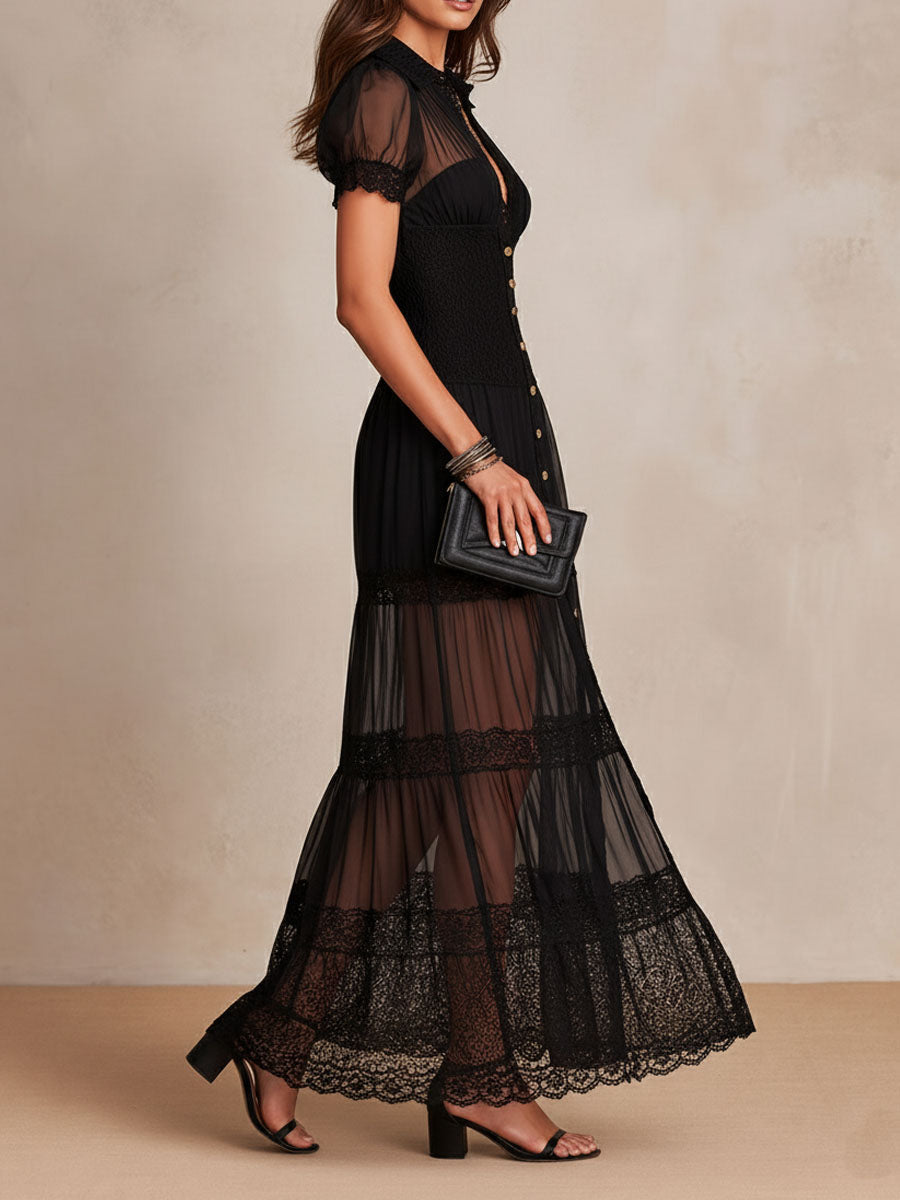 Women's Sheer Lace Panel Bohemian Maxi Dress – detail view | Hensley London