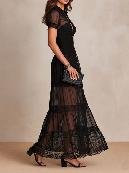 Women's Sheer Lace Panel Bohemian Maxi Dress – detail view | Hensley London