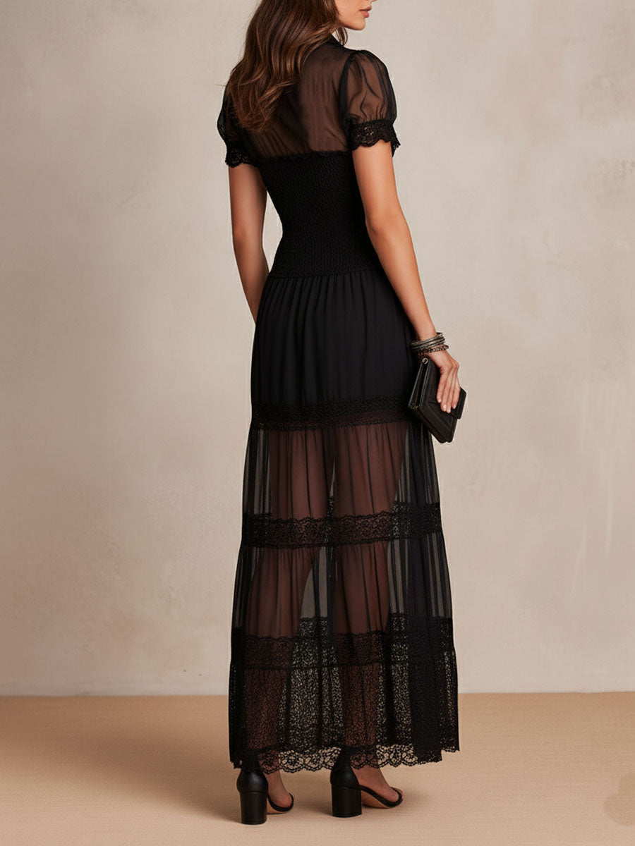 Women's Sheer Lace Panel Bohemian Maxi Dress – detail view | Hensley London