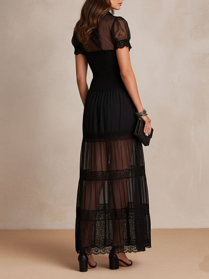 Women's Sheer Lace Panel Bohemian Maxi Dress – detail view | Hensley London