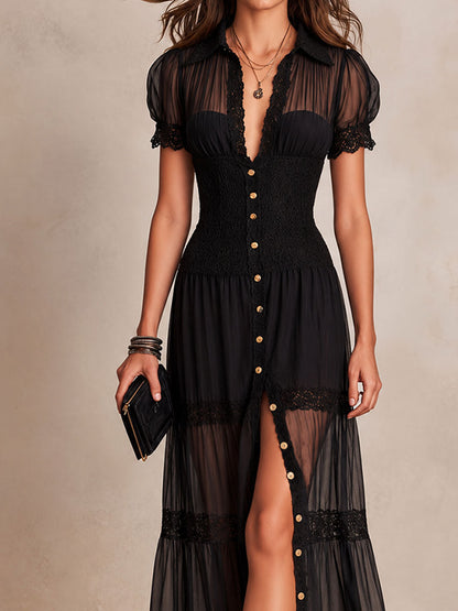 Women's Sheer Lace Panel Bohemian Maxi Dress – detail view | Hensley London