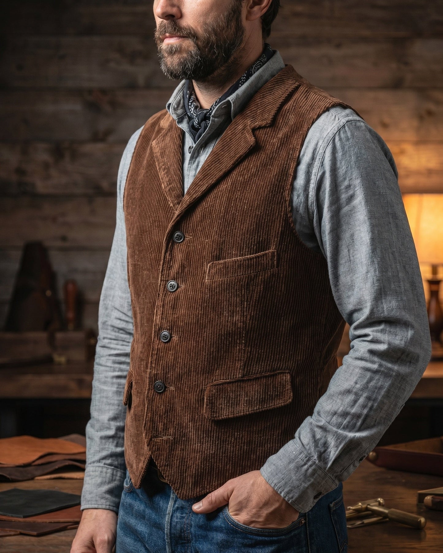 Men's Wide-Wale Corduroy Vest - studio view | Hensley London