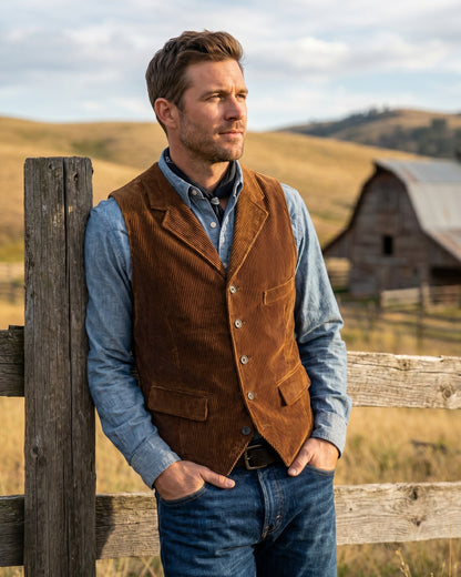 Men's Wide-Wale Corduroy Vest - close-up view | Hensley London
