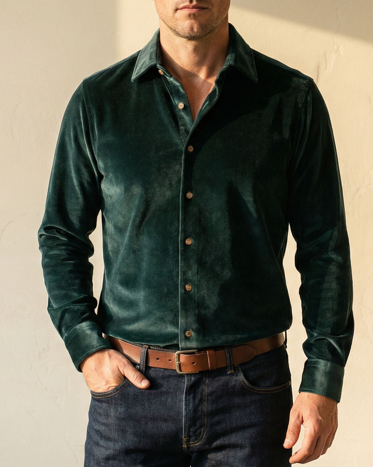 Men's Cotton-Blend Button-Up Shirt in Black – front view | Hensley London