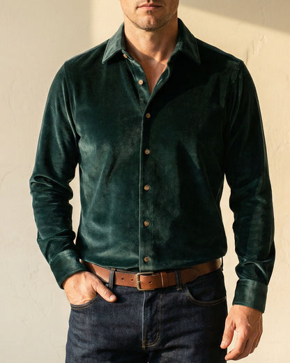 Men's Cotton-Blend Button-Up Shirt in Black – front view | Hensley London