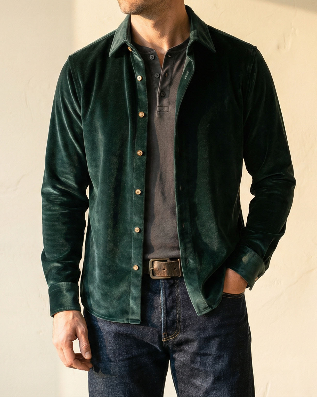 Men's Cotton-Blend Button-Up Shirt in Black – detail view | Hensley London