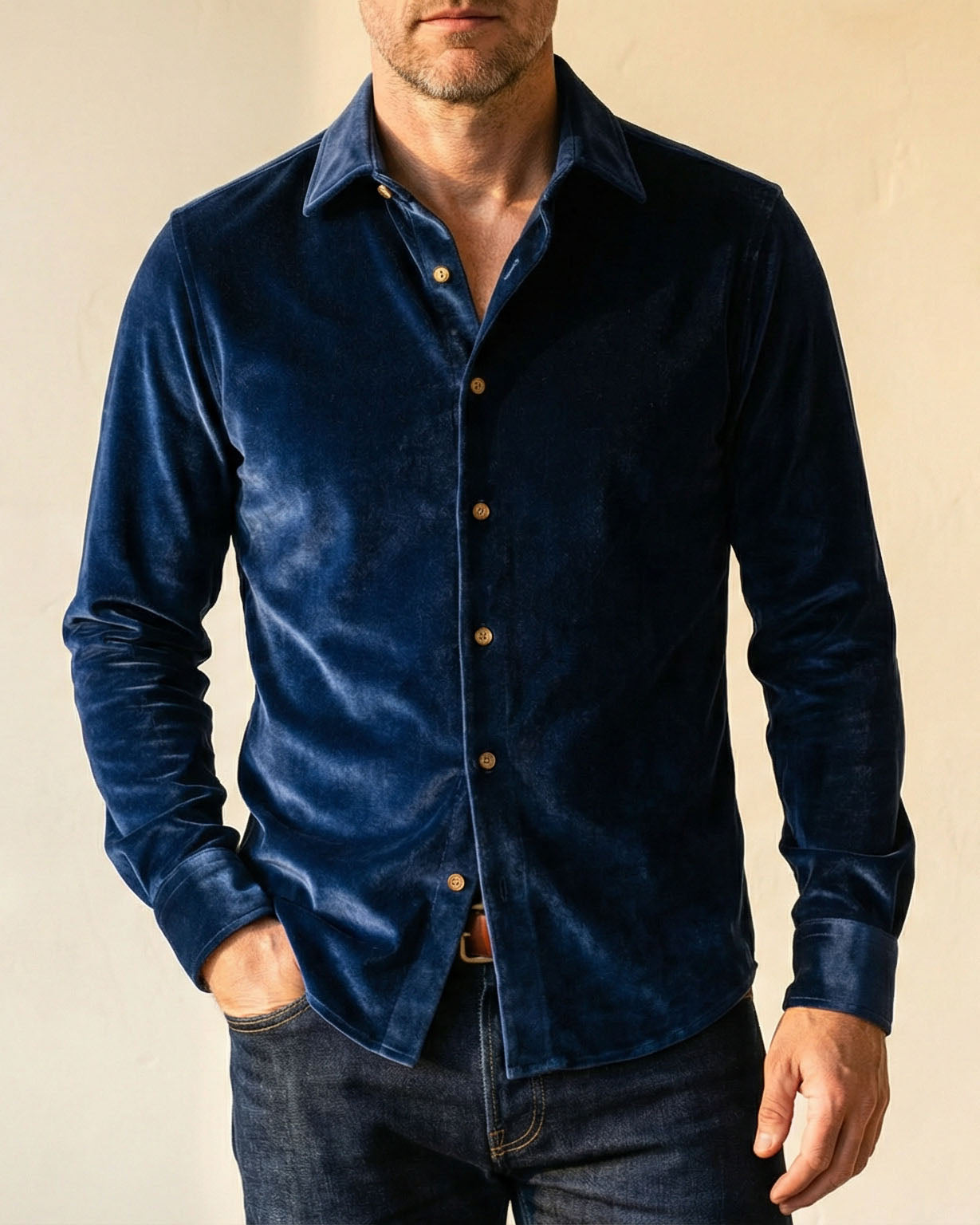 Men's Cotton-Blend Button-Up Shirt in Green – collar detail | Hensley London
