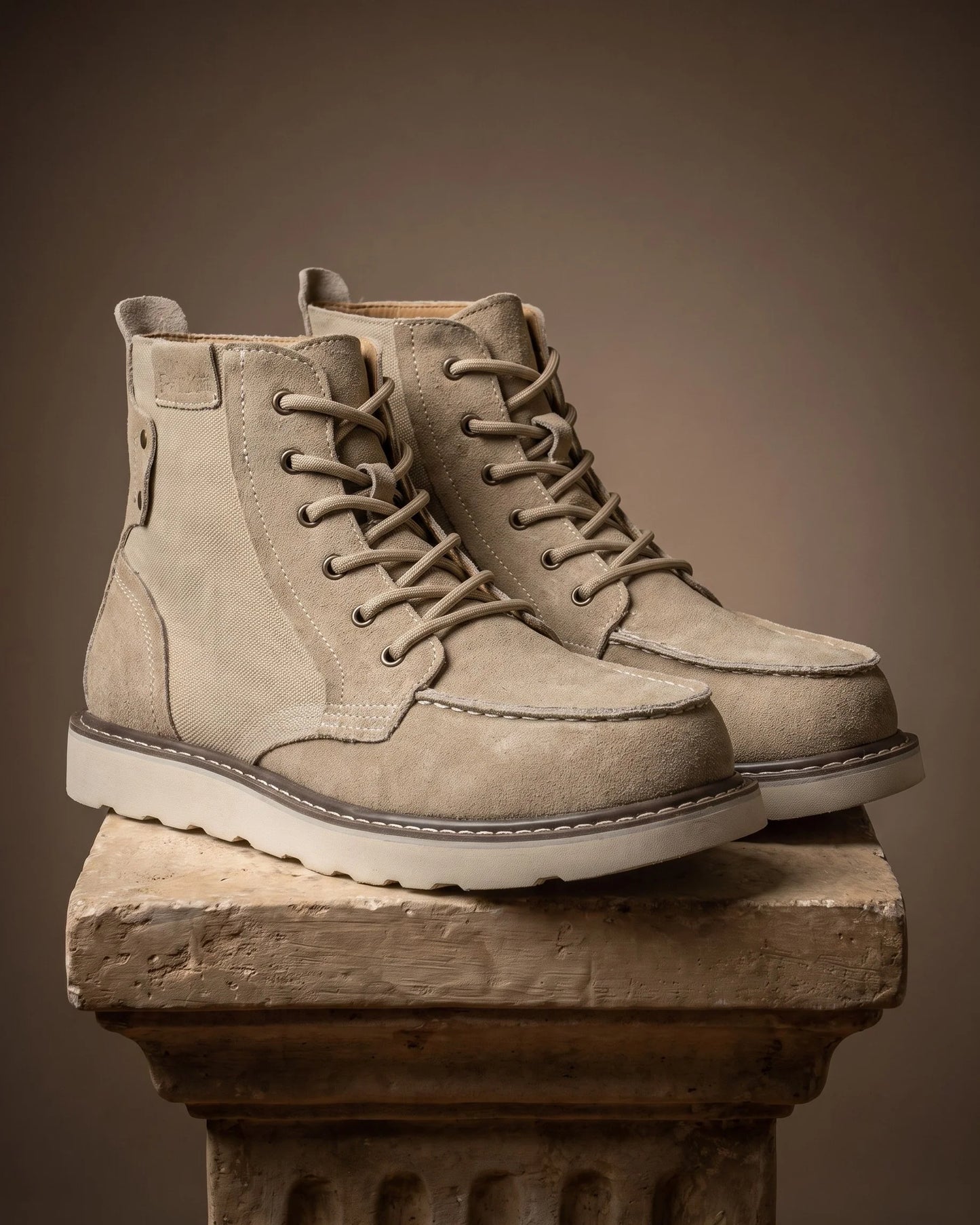 Men's Moc-Toe Lace-Up Ankle Boots in Beige – product view | Hensley London