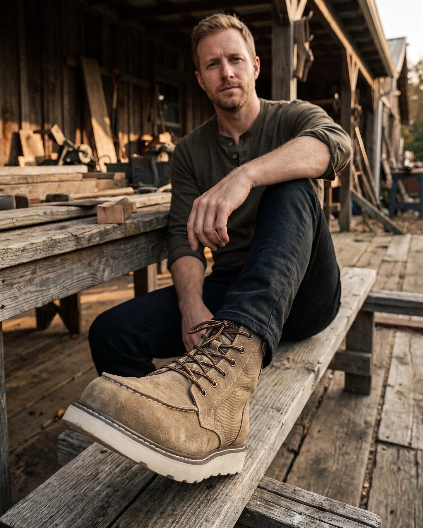 Men's Moc-Toe Lace-Up Ankle Boots in Tan – additional view | Hensley London