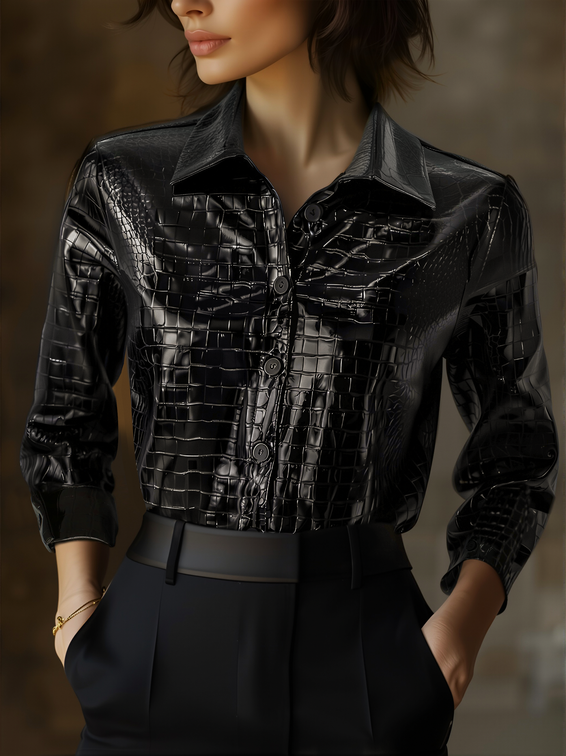 Women's Glossy Croc-Embossed Button-Front Shirt in Black - product view | Hensley London
