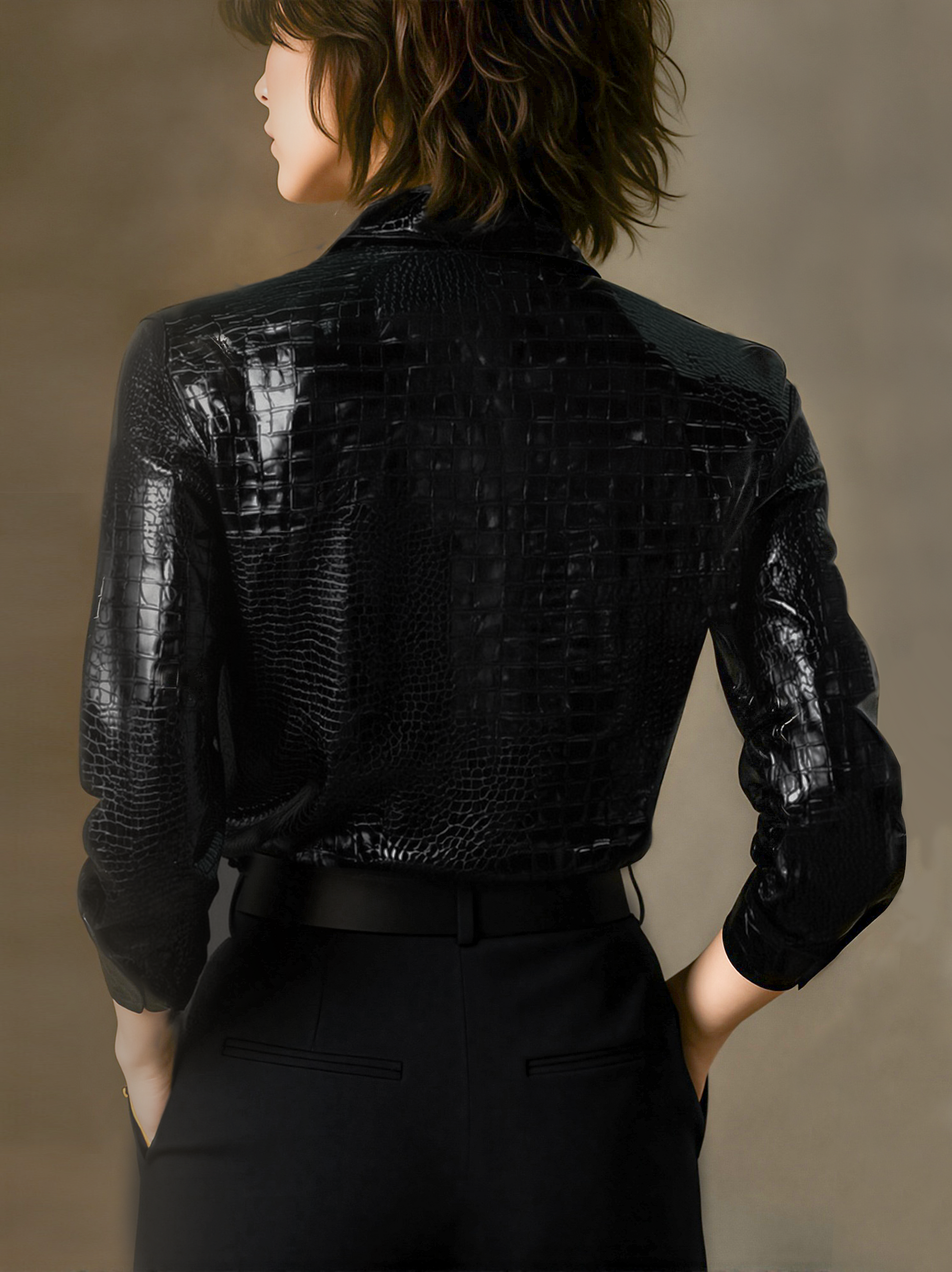 Women's Glossy Croc-Embossed Button-Front Shirt - additional product view | Hensley London