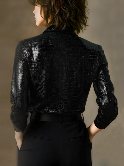 Women's Glossy Croc-Embossed Button-Front Shirt - additional product view | Hensley London
