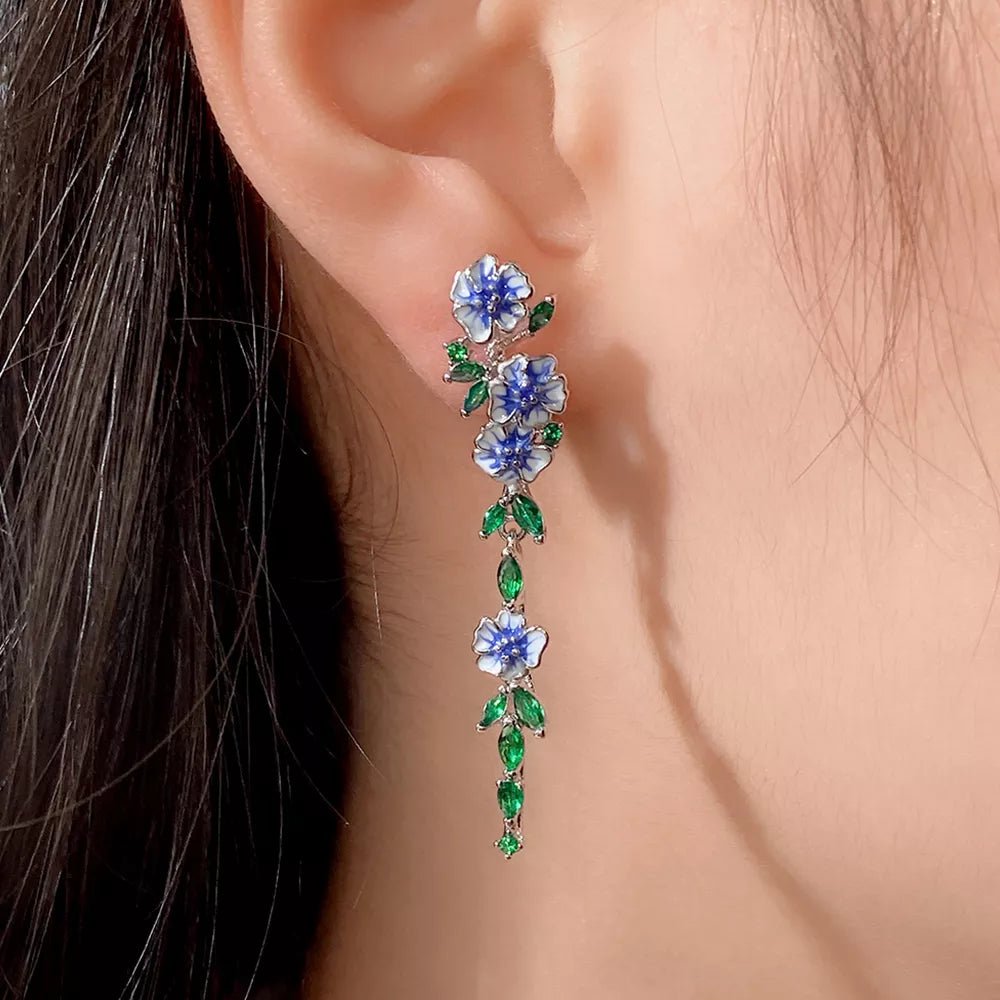 Glossy Blue Floral Dangling Earrings with Cubic Zirconia – Elegant Spring-Inspired Jewelry 0