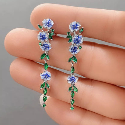 Glossy Blue Floral Dangling Earrings with Cubic Zirconia – Elegant Spring-Inspired Jewelry 2