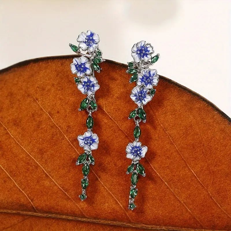 Glossy Blue Floral Dangling Earrings with Cubic Zirconia – Elegant Spring-Inspired Jewelry 3