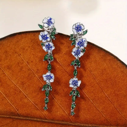 Glossy Blue Floral Dangling Earrings with Cubic Zirconia – Elegant Spring-Inspired Jewelry 3
