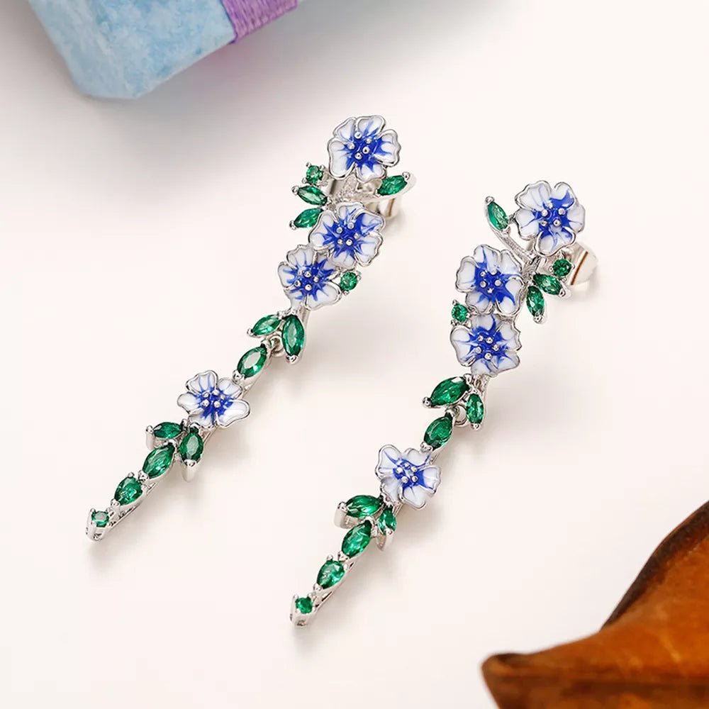 Glossy Blue Floral Dangling Earrings with Cubic Zirconia – Elegant Spring-Inspired Jewelry 4