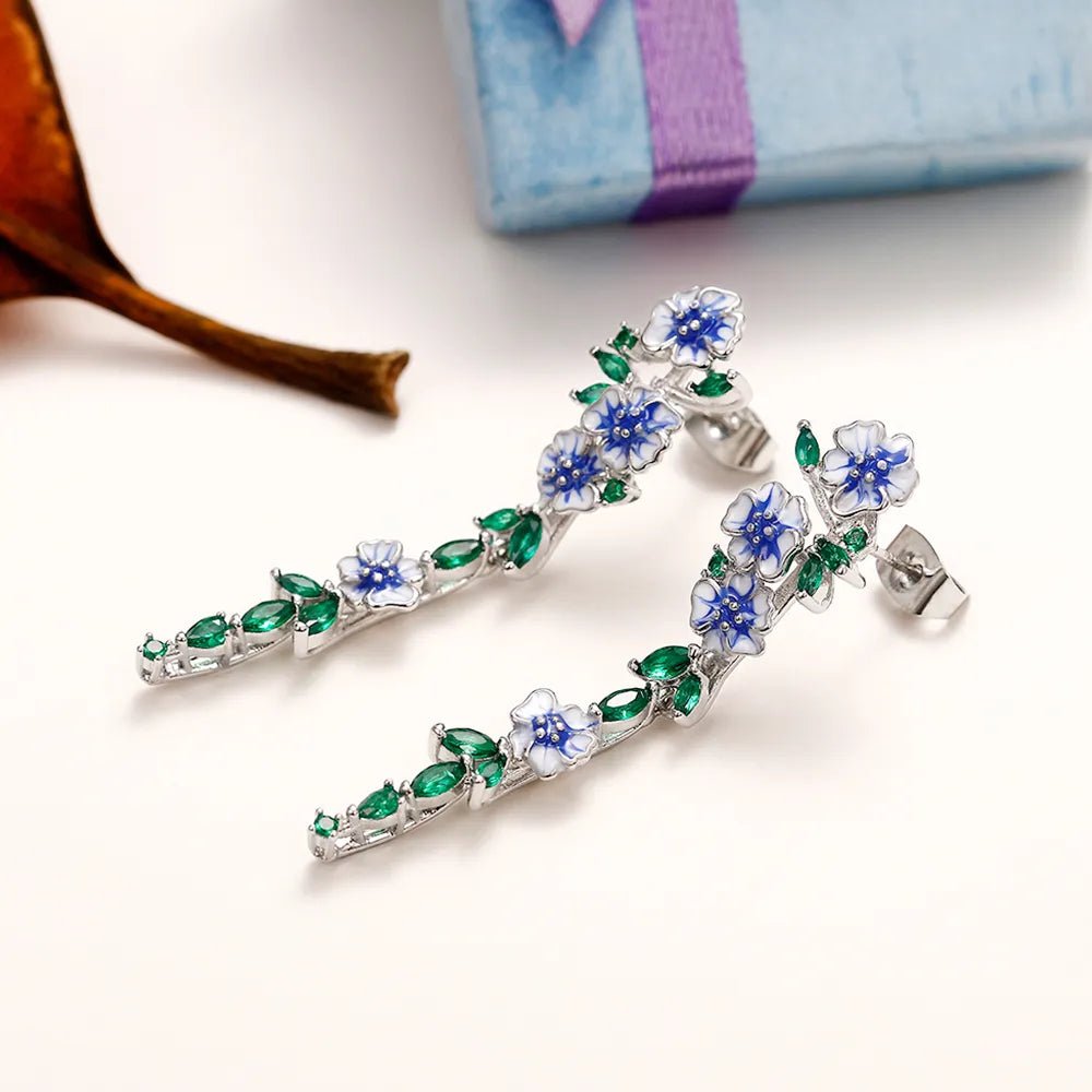 Glossy Blue Floral Dangling Earrings with Cubic Zirconia – Elegant Spring-Inspired Jewelry 5